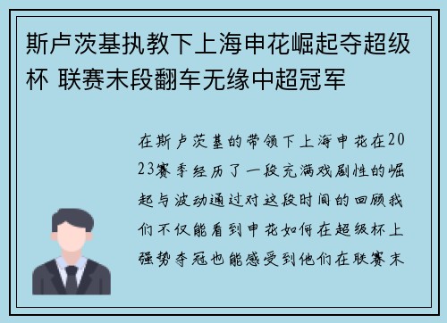 斯卢茨基执教下上海申花崛起夺超级杯 联赛末段翻车无缘中超冠军